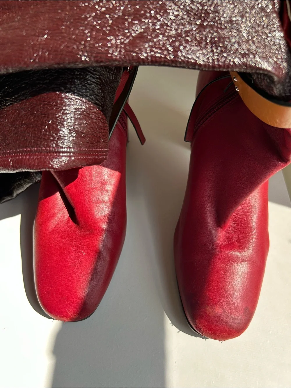Stuart Weitzman Red Brown Patent Leather Belted Knee-High Boots